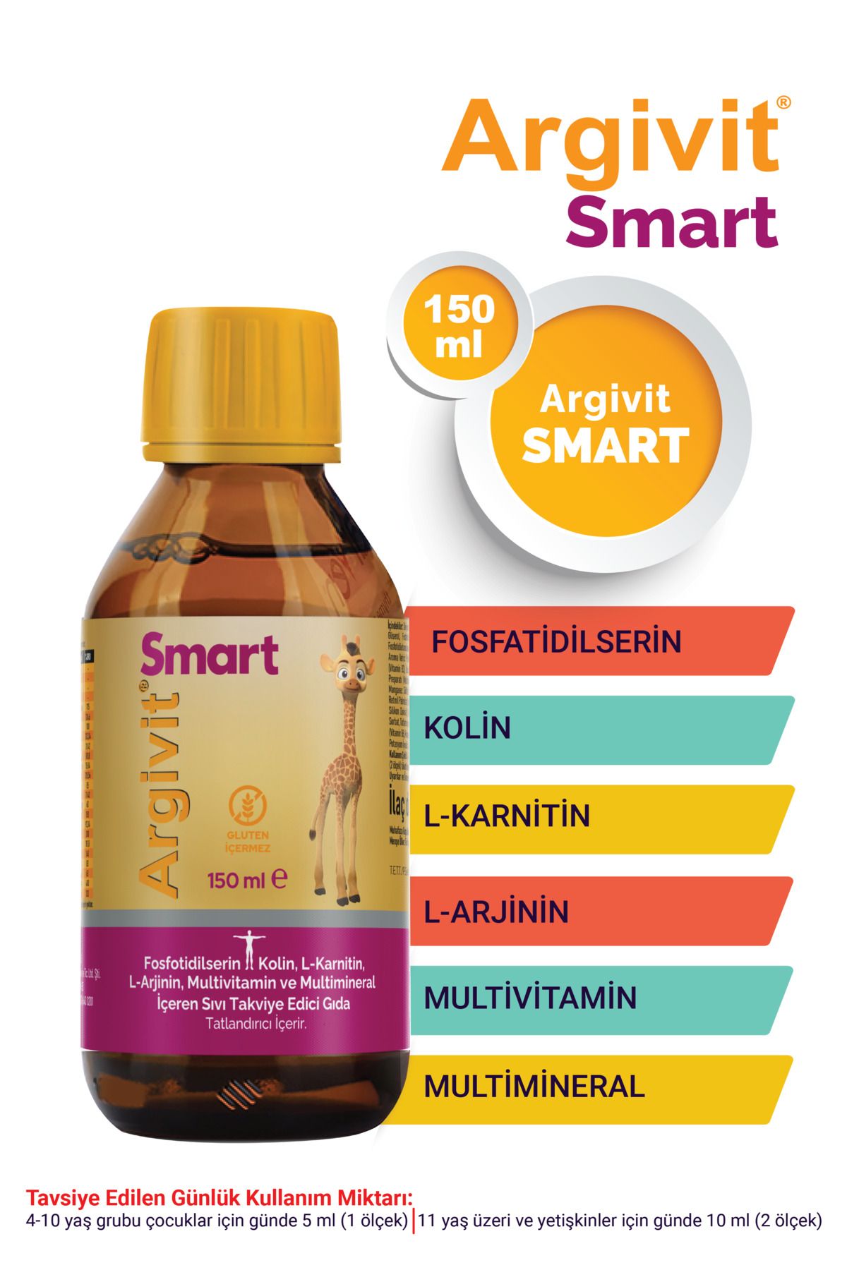 Smart (FOSFOTİDİLSERİN, KOLİN, L-KARNİTİN, L-ARJİNİN, MULTİVİTAMİN, MULTİMİNERAL) Şurup 150 ml
