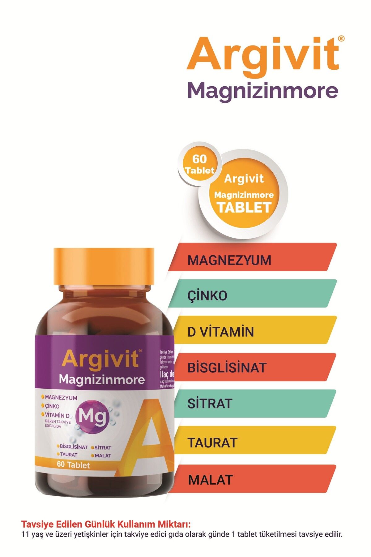 Magnizinmore Magnezyum, Çinko Ve Vitamin D Içeren Takviye Edici Gıda 60 Tablet