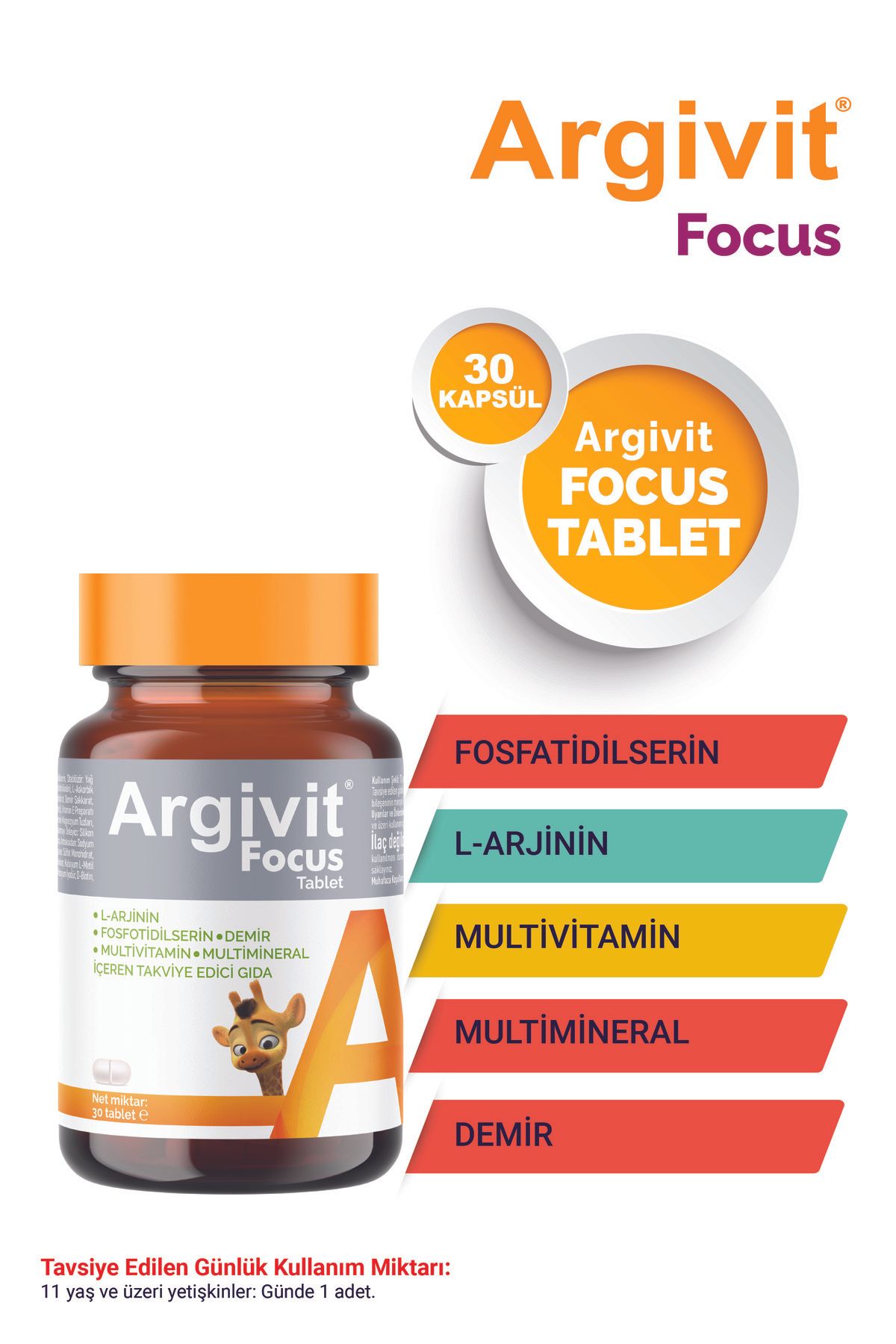 Focus L-arjinin, Fosfotidilserin, Demir, Multivitamin Ve Multimineral Içeren Tablet 30 Tablet